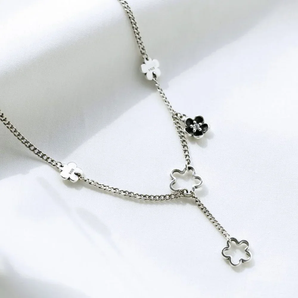 #NEW 925 Sterling Silver Flower Drop Link Chain Necklace